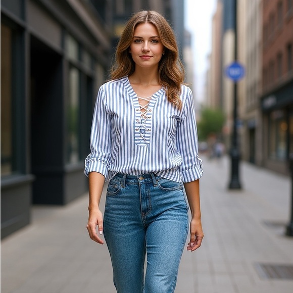 Ruby Rd. Women’s Blue & White Striped Blouse  Size M New With Tags - Picture 3 of 15